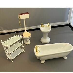 Vintage Doll House Furniture Bathroom Set Tub Sink Toilet Shelf